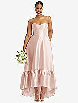 Front View Thumbnail - Blush Strapless Deep Ruffle Hem Satin High Low Dress with Pockets