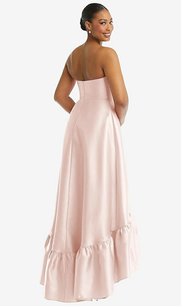 Back View - Blush Strapless Deep Ruffle Hem Satin High Low Dress with Pockets