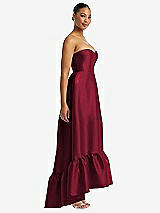 Side View Thumbnail - Burgundy Strapless Deep Ruffle Hem Satin High Low Dress with Pockets