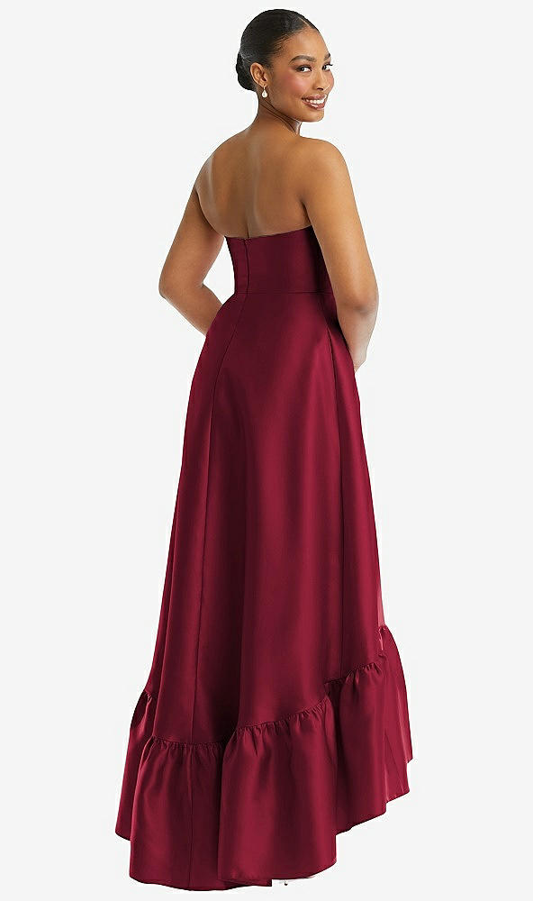 Back View - Burgundy Strapless Deep Ruffle Hem Satin High Low Dress with Pockets