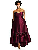 Alt View 1 Thumbnail - Cabernet Strapless Deep Ruffle Hem Satin High Low Dress with Pockets