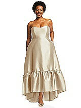 Alt View 1 Thumbnail - Champagne Strapless Deep Ruffle Hem Satin High Low Dress with Pockets