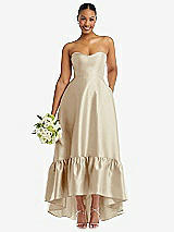 Front View Thumbnail - Champagne Strapless Deep Ruffle Hem Satin High Low Dress with Pockets