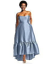 Alt View 1 Thumbnail - Cloudy Strapless Deep Ruffle Hem Satin High Low Dress with Pockets