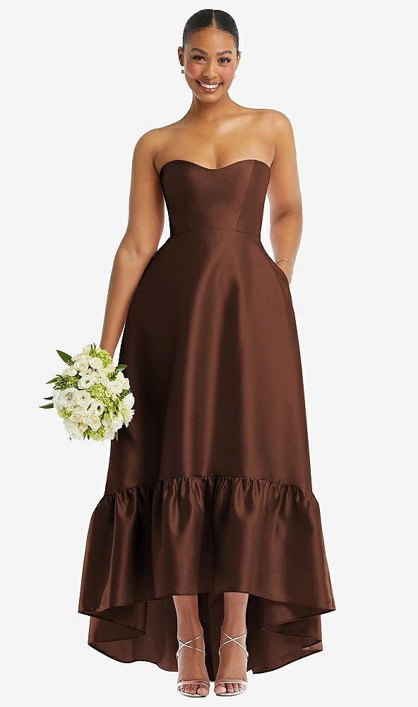 Front View - Cognac Strapless Deep Ruffle Hem Satin High Low Dress with Pockets