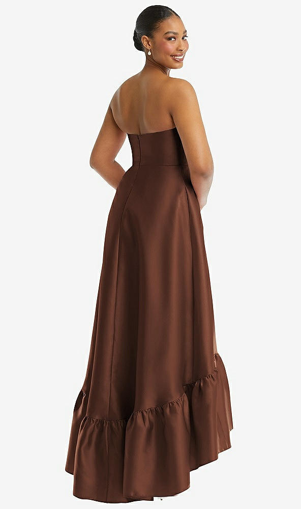 Back View - Cognac Strapless Deep Ruffle Hem Satin High Low Dress with Pockets