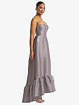 Side View Thumbnail - Cashmere Gray Strapless Deep Ruffle Hem Satin High Low Dress with Pockets