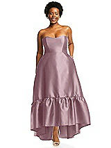 Alt View 1 Thumbnail - Dusty Rose Strapless Deep Ruffle Hem Satin High Low Dress with Pockets