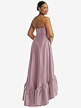 Rear View Thumbnail - Dusty Rose Strapless Deep Ruffle Hem Satin High Low Dress with Pockets