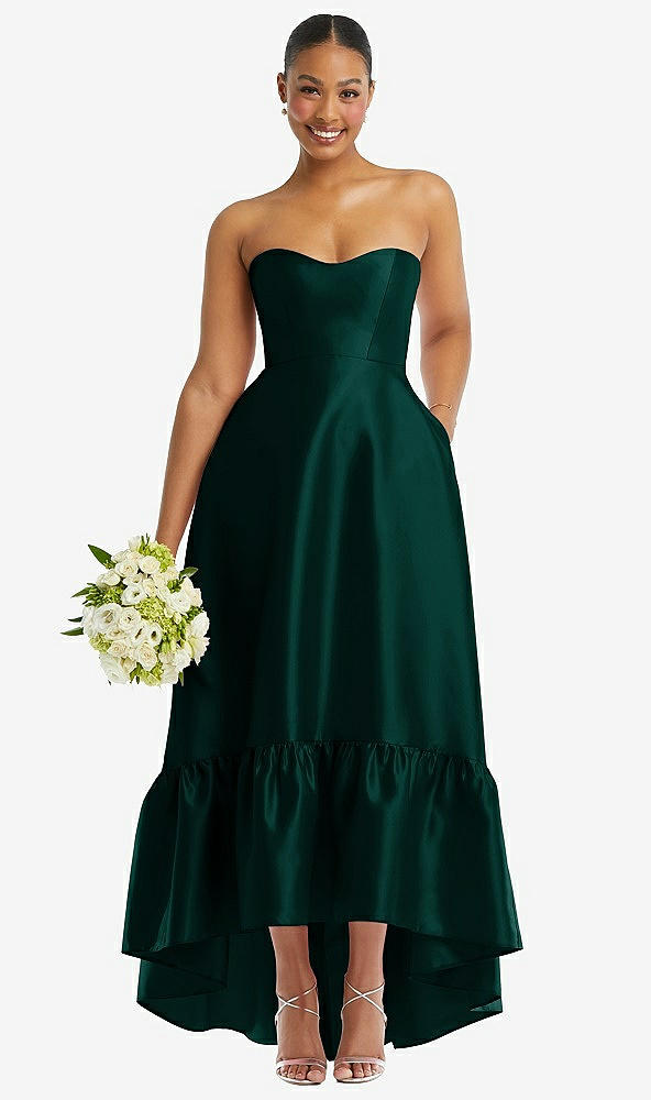 Front View - Evergreen Strapless Deep Ruffle Hem Satin High Low Dress with Pockets