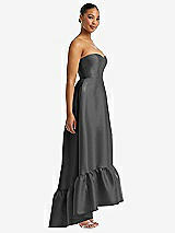 Side View Thumbnail - Gunmetal Strapless Deep Ruffle Hem Satin High Low Dress with Pockets