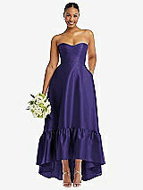 Front View Thumbnail - Grape Strapless Deep Ruffle Hem Satin High Low Dress with Pockets