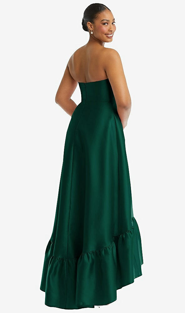 Back View - Hunter Green Strapless Deep Ruffle Hem Satin High Low Dress with Pockets