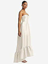 Side View Thumbnail - Ivory Strapless Deep Ruffle Hem Satin High Low Dress with Pockets