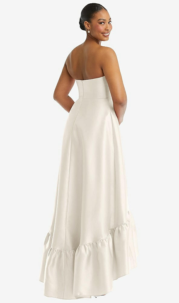 Back View - Ivory Strapless Deep Ruffle Hem Satin High Low Dress with Pockets