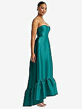 Side View Thumbnail - Jade Strapless Deep Ruffle Hem Satin High Low Dress with Pockets