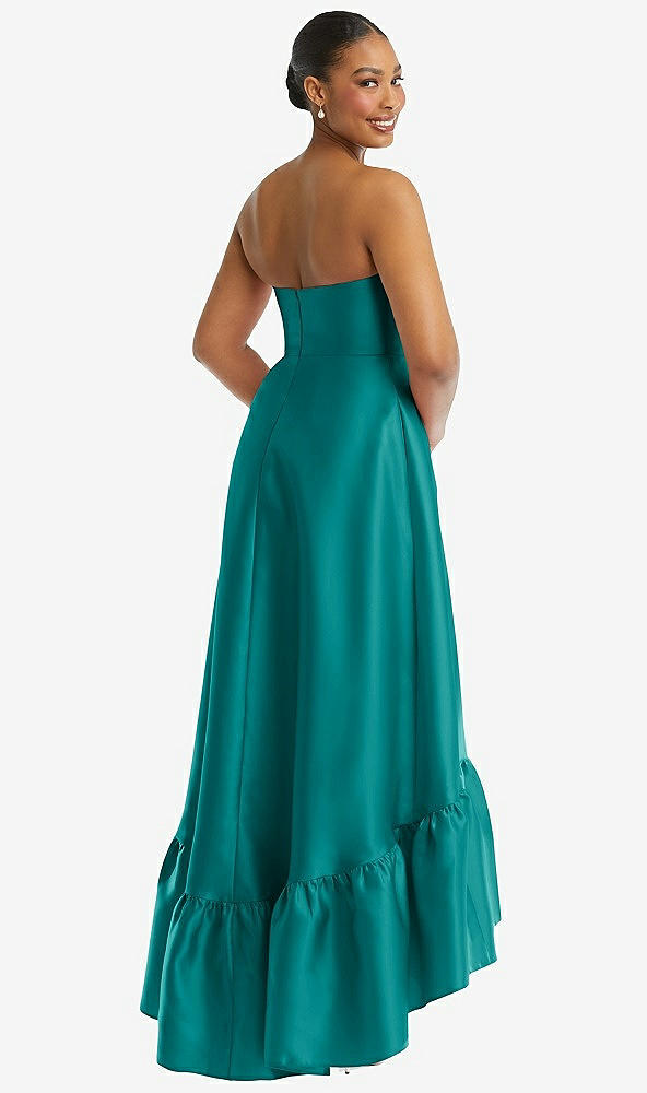 Back View - Jade Strapless Deep Ruffle Hem Satin High Low Dress with Pockets