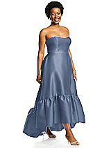 Alt View 2 Thumbnail - Larkspur Blue Strapless Deep Ruffle Hem Satin High Low Dress with Pockets