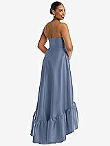 Rear View Thumbnail - Larkspur Blue Strapless Deep Ruffle Hem Satin High Low Dress with Pockets