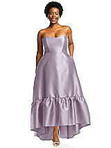 Alt View 1 Thumbnail - Lilac Haze Strapless Deep Ruffle Hem Satin High Low Dress with Pockets