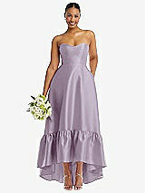 Front View Thumbnail - Lilac Haze Strapless Deep Ruffle Hem Satin High Low Dress with Pockets