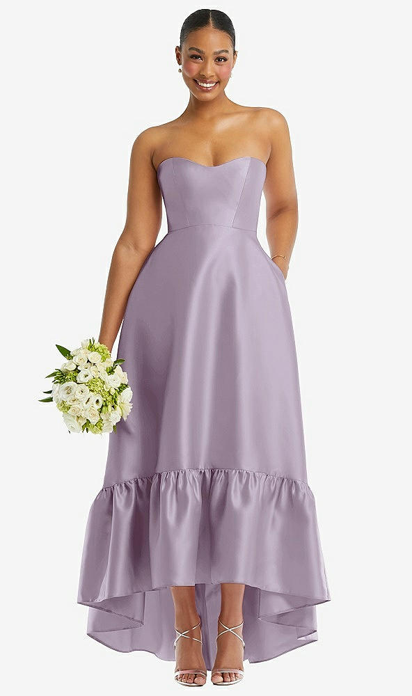 Front View - Lilac Haze Strapless Deep Ruffle Hem Satin High Low Dress with Pockets