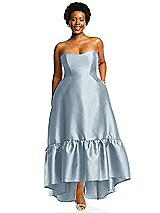 Alt View 1 Thumbnail - Mist Strapless Deep Ruffle Hem Satin High Low Dress with Pockets