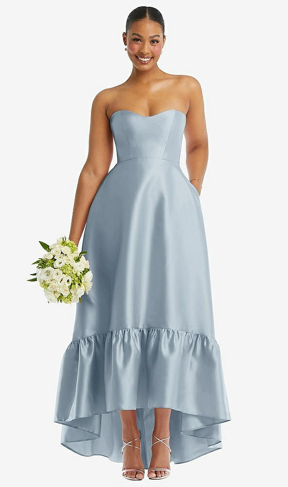 Front View - Mist Strapless Deep Ruffle Hem Satin High Low Dress with Pockets