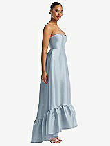 Side View Thumbnail - Mist Strapless Deep Ruffle Hem Satin High Low Dress with Pockets