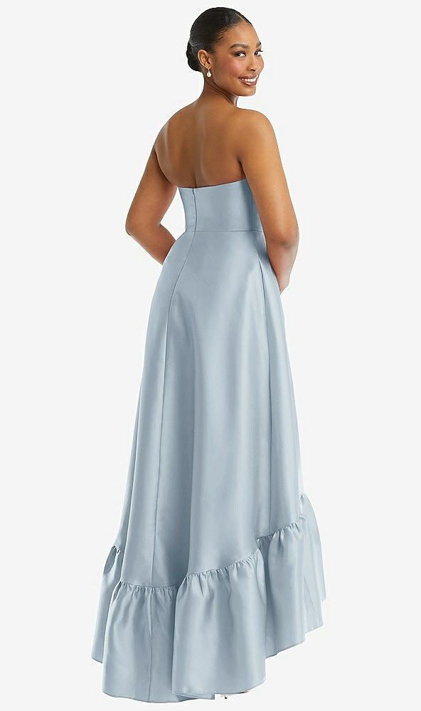 Back View - Mist Strapless Deep Ruffle Hem Satin High Low Dress with Pockets