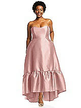 Alt View 1 Thumbnail - Rose - PANTONE Rose Quartz Strapless Deep Ruffle Hem Satin High Low Dress with Pockets