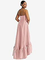 Rear View Thumbnail - Rose - PANTONE Rose Quartz Strapless Deep Ruffle Hem Satin High Low Dress with Pockets