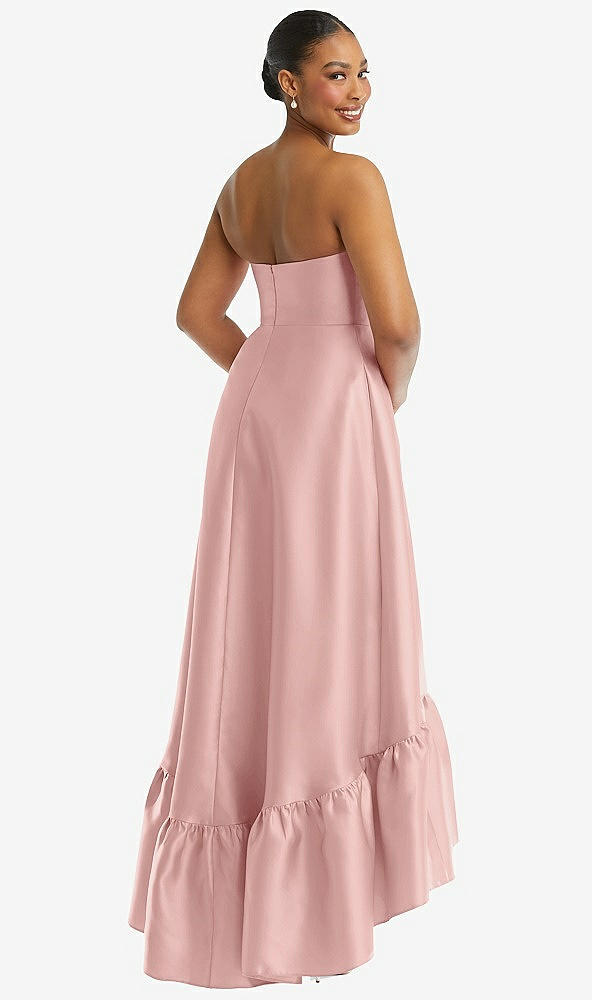 Back View - Rose - PANTONE Rose Quartz Strapless Deep Ruffle Hem Satin High Low Dress with Pockets