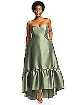 Alt View 1 Thumbnail - Sage Strapless Deep Ruffle Hem Satin High Low Dress with Pockets