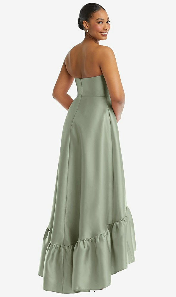 Back View - Sage Strapless Deep Ruffle Hem Satin High Low Dress with Pockets