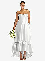 Front View Thumbnail - White Strapless Deep Ruffle Hem Satin High Low Dress with Pockets