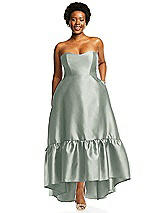 Alt View 1 Thumbnail - Willow Green Strapless Deep Ruffle Hem Satin High Low Dress with Pockets