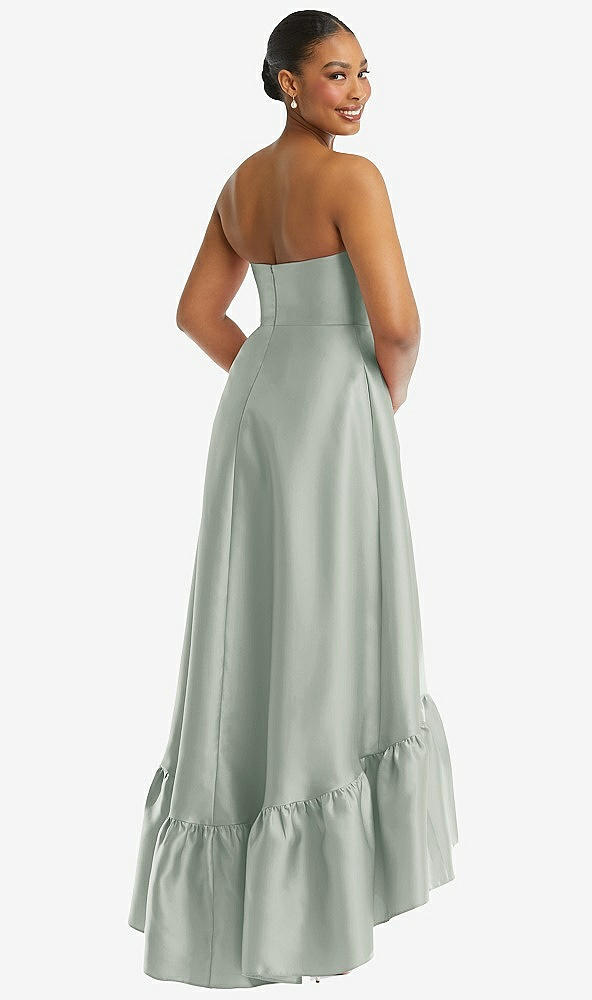 Back View - Willow Green Strapless Deep Ruffle Hem Satin High Low Dress with Pockets