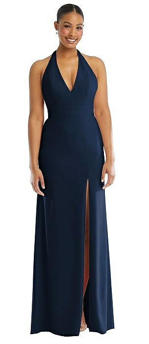 Plunge Neck Halter Backless Trumpet Gown with Front Slit