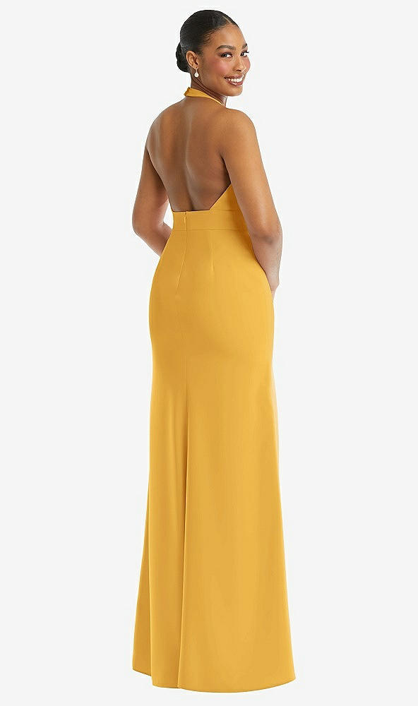 Back View - NYC Yellow Plunge Neck Halter Backless Trumpet Gown with Front Slit