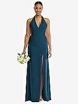 Alt View 2 Thumbnail - Atlantic Blue Plunge Neck Halter Backless Trumpet Gown with Front Slit