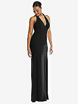 Alt View 1 Thumbnail - Black Plunge Neck Halter Backless Trumpet Gown with Front Slit