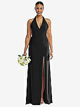 Alt View 2 Thumbnail - Black Plunge Neck Halter Backless Trumpet Gown with Front Slit