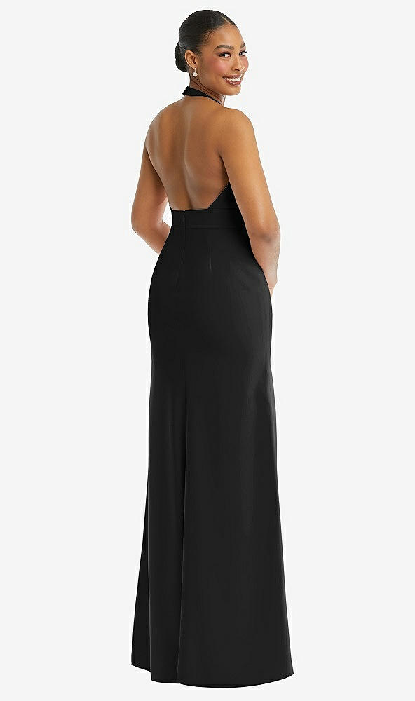 Back View - Black Plunge Neck Halter Backless Trumpet Gown with Front Slit