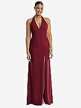 Front View Thumbnail - Burgundy Plunge Neck Halter Backless Trumpet Gown with Front Slit