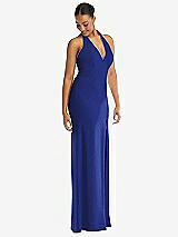 Alt View 1 Thumbnail - Cobalt Blue Plunge Neck Halter Backless Trumpet Gown with Front Slit