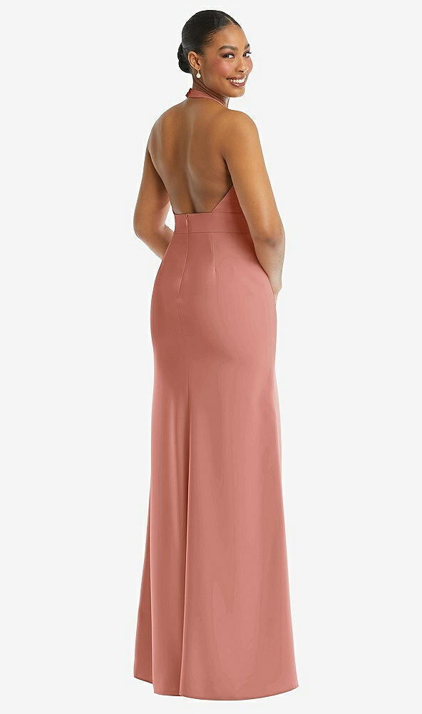 Back View - Desert Rose Plunge Neck Halter Backless Trumpet Gown with Front Slit