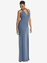 Alt View 1 Thumbnail - Larkspur Blue Plunge Neck Halter Backless Trumpet Gown with Front Slit