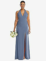 Alt View 2 Thumbnail - Larkspur Blue Plunge Neck Halter Backless Trumpet Gown with Front Slit