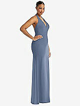 Side View Thumbnail - Larkspur Blue Plunge Neck Halter Backless Trumpet Gown with Front Slit